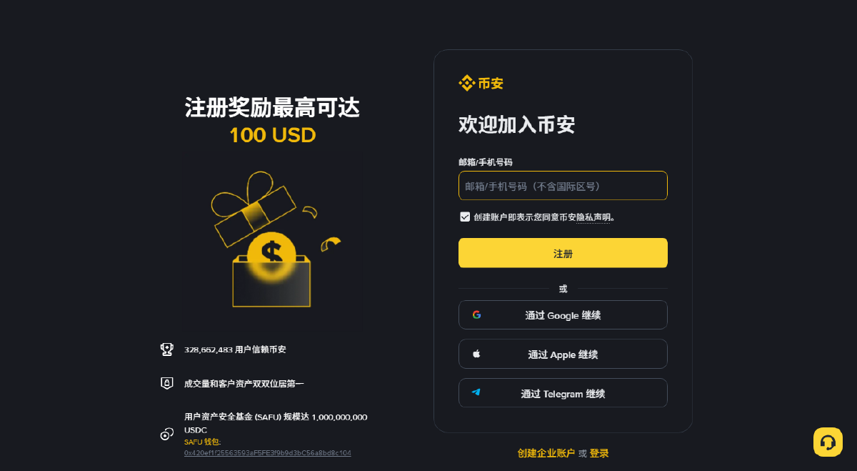 币安公开注册页面截图：左侧为注册奖励说明，右侧为邮箱手机号注册表单与第三方账号登录入口