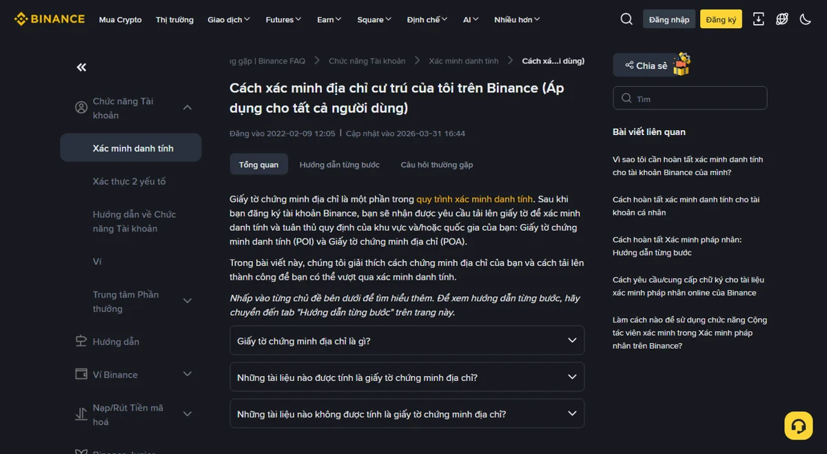 Trang hỗ trợ Binance bằng tiếng Việt phân biệt giấy tờ chứng minh danh tính và địa chỉ cư trú